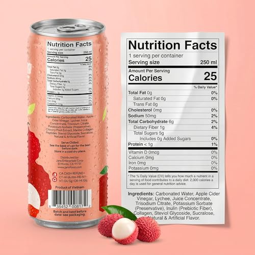 Image of Jans Sparkling Prebiotic with Collagen Soda Beverage - Lychee 8.4 Fl Oz (24-Pack) - Low Calorie, NO Added Sugar, Non-GMO Sparkling Fruit Beverage, Gut Health Support
