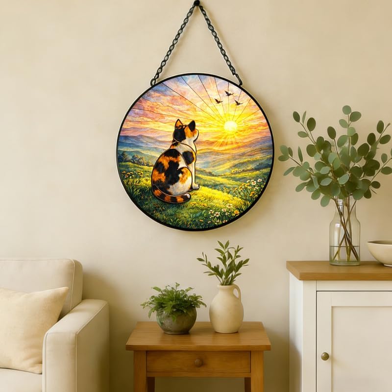 Stained Glass Window Hanging Suncatcher 7.8 in Calico Cat Sunset View Colorful Glass Panel Sun Catcher for Window,Window Hanging Decor for Home,Housewarming Gift