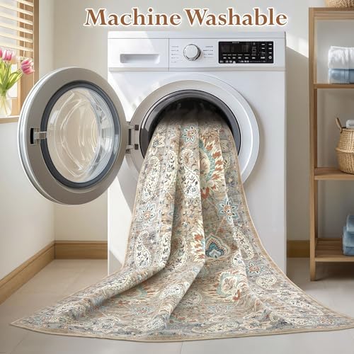 Tortania Area Rug Living Room Rugs - 10x14 Washable Boho Rug Vintage Oriental Distressed Farmhouse Large Thin Indoor Carpet for Living Room Bedroom Under Dining Table Home Office - Paisley Brown