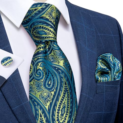 Image of DiBanGu Mens Paisley Tie Set Silk Woven Jacquard Necktie and Pocket Square Cufflinks Gift Set for Wedding Bussiness