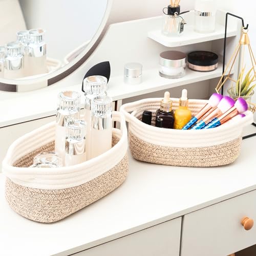 Image of MINTWOOD Design 5-Piece Small Decorative Woven Storage Baskets Set for Shelves, Bathroom, Pantry and Nightstand Organizer, Catch All Tray for Organizing Gifts, Dog and Cat Toys, Light Brown