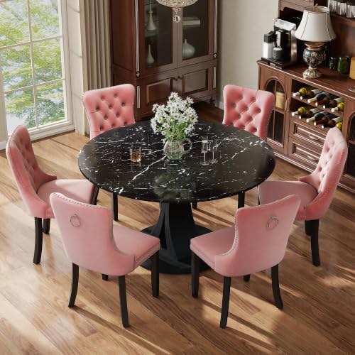 Image of 7-Piece Dining Table Set for 6 with 47 In Black Faux Marble Round Table
