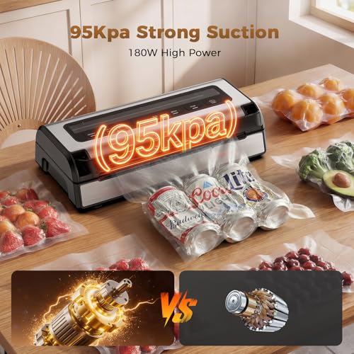 Image of Vacuum Sealer for Food, Complete Starter Kit Includes 2 Rolls & 10 Bags, All-in-One Automatic Food Sealer machine with Built-in Cutter & Bag Storage, Powerful Motor for Dry /Moist /Canister Sealing