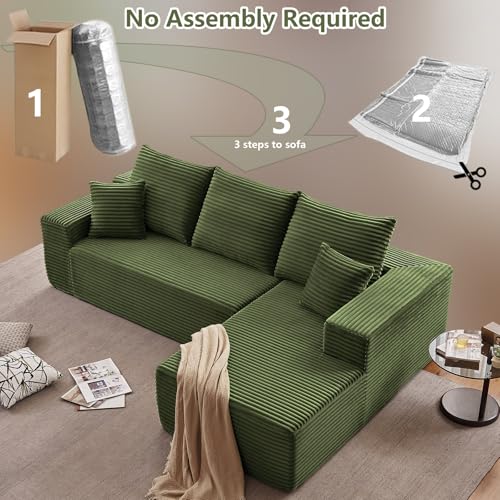 Image of 107 inch Cloud Sectional Couch with L-Shape Chaise, Modern Modular Comfy Sofa Chaise Longue, Upholstered Corduroy Couches Sleeper with Deep Seat for Living Room Bedroom, No Assembly Required, Green