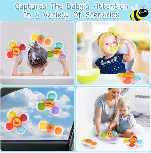 Image of 3 PCS Bath Suction Cup Fidget Spinner Sensory Bath Toys for Baby Rotating Suction Cup for Baby 6 12 18 Months Boy Birthday Gift Table /Window / (((Return Gift for Kids)))