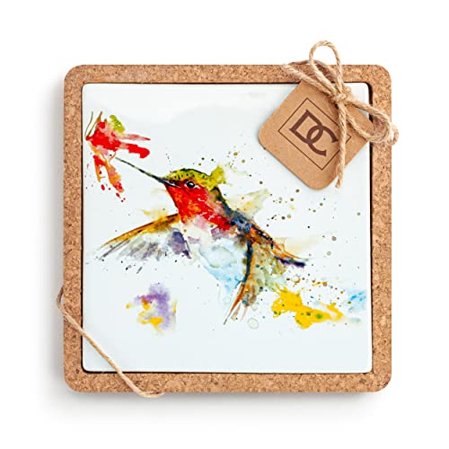 Demdaco Hummingbird And Flower Red 7.5 X 7.5 Ceramic Stoneware Cork Base Trivet #TOP4