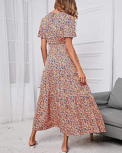 Image of PRETTYGARDEN Women's Casual Smocked Boho Floral A-Line Maxi Dress 2026 | Summer Short Flutter Sleeve Crewneck Tiered Long Sundress,Fall Wedding Guest Dresses,Spring Cute Flowy Beach Vacation Clothes