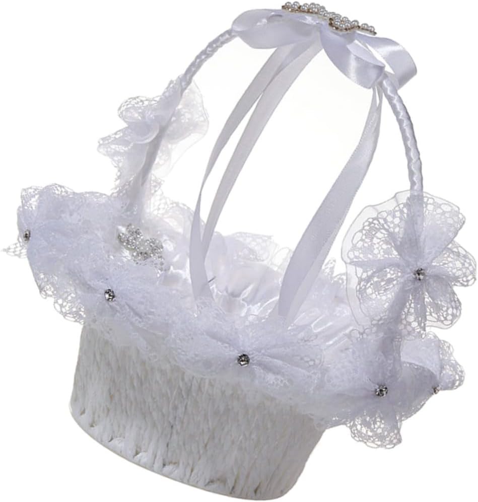 Delicate Wedding Flower Basket with Pearl and Rhinestone Bow Handheld White Flower Girl Basket for Wedding Ceremony for Bridal Party Supplies