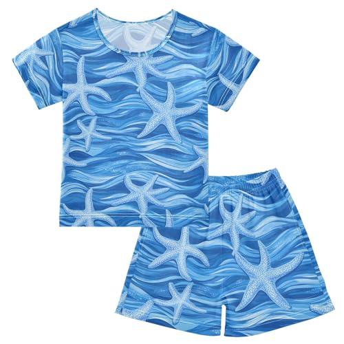 ALAZA Blue Starfish Cartoon Pajamas Set Short Sleeve Cotton Sleepwear Summer Pjs 2 Piece 5-14Y