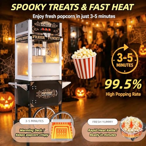 Image of 26oz Commercial Popcorn Machine Vintage Black Pop Corn Popper Cart | 26OZ Non-stick Stainless Steel Kettle, 3-Switch Control, Home Theater Style for Movie Night, Party, Office, School, Business