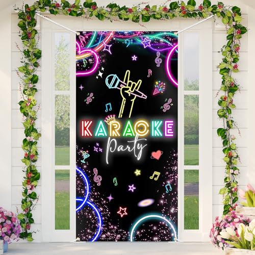 Lofaris Karaoke Door Cover, 6x2.9ft Neon Glow Party Door Banner - with Microphone, Music Notes & Stars, Vibrant Nightlife Decor for Singing Events