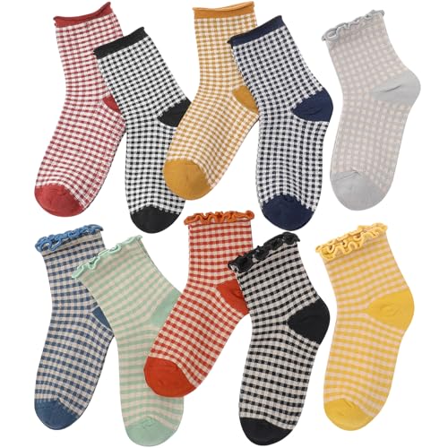 Image of 6 Pairs Women Ruffle Striped Frilly Socks, Cute Checkered Ankle Sock for Women Cotton Knit Casual Crew Socks