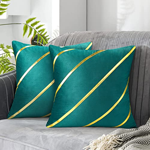 Lot de 2 Housse de Coussin en Velours 40 x 40 Coussin Vert Coussin Decoratif Canape Irrégulier Rayures Dorées Housse de Coussin Doux Durable Moderne Decoration Coussin pour Canapé Lit Salon Décor Cover