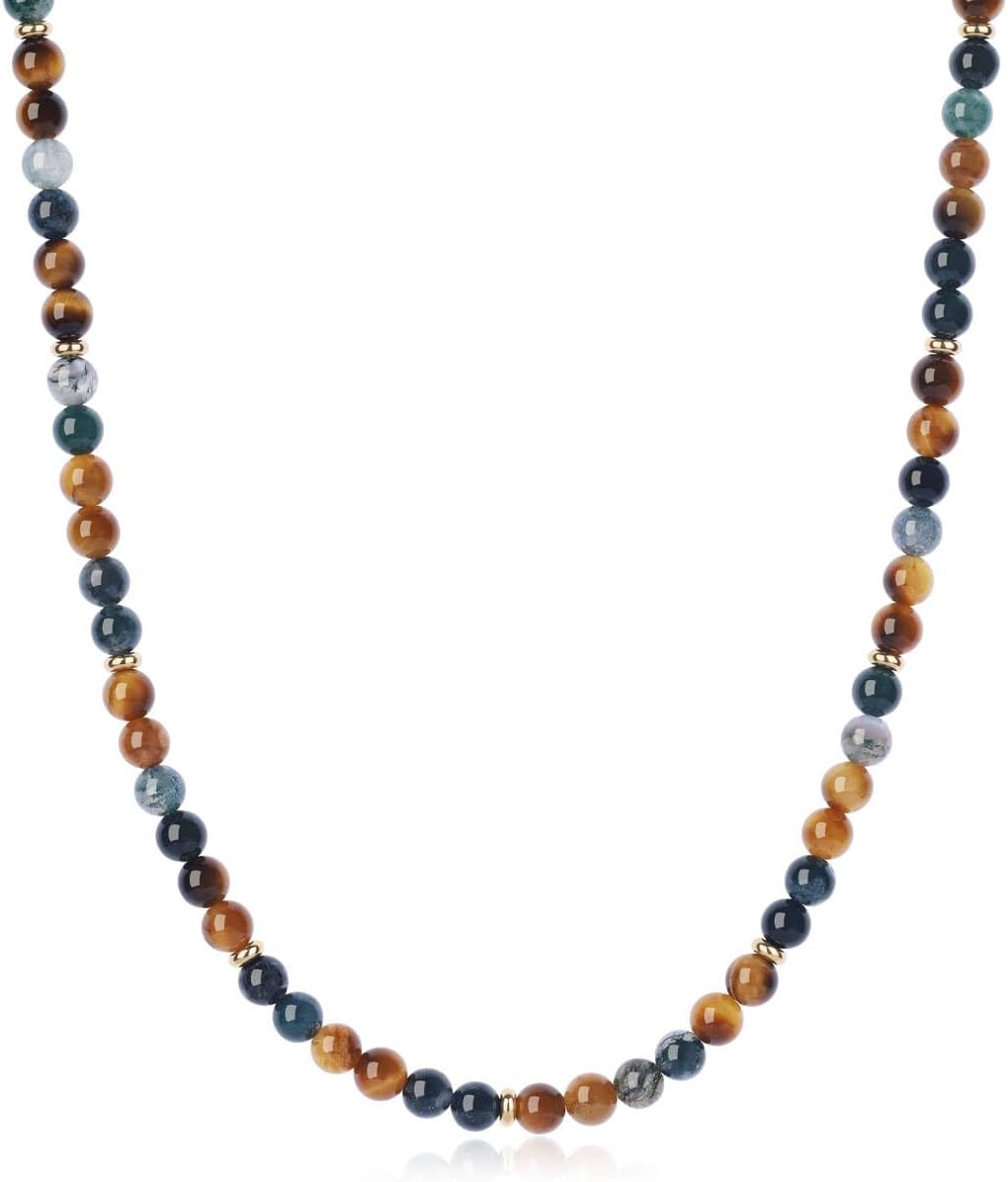GAVU Tiger Eye Moss Agate Gemstone Necklace for Men, Beaded Necklace for Men 6mm