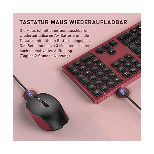 2.4G Funktastatur mit Maus Set, Kabellose Ultraslim Fullsize USB Tastatur Maus Kombi Wiederaufladbar für Windows PC… – Bild 5
