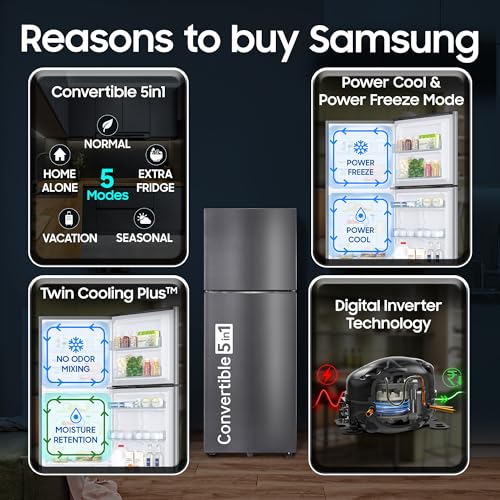 Image of Samsung 396 L, 2 Star, Convertible 5-in-1, Digital Inverter, Frost Free Double Door Refrigerator (RT41HG6C42B1HL, Black Caviar Matt, 2026 Model)