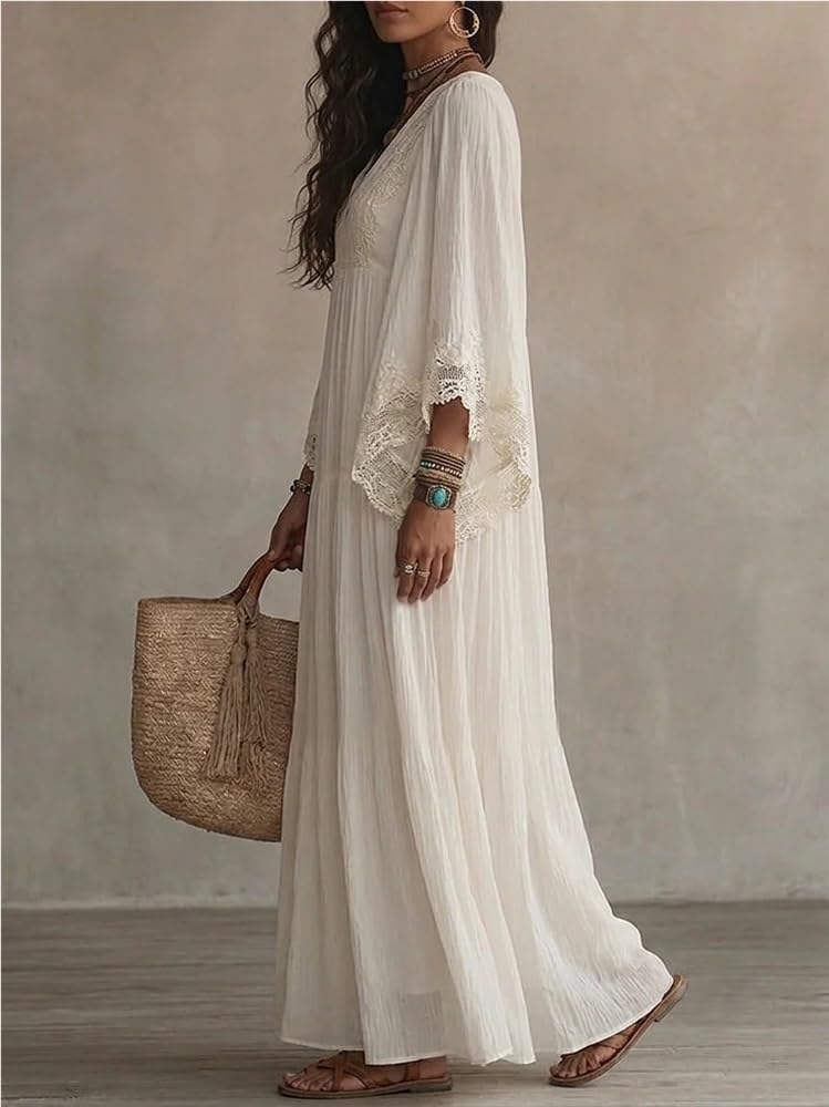 Vestido Maxi Crochet Mujer Escote V Manga Campana Boho | Vestido Largo Estratificado Transpirable Encaje Fluido Para Graduación Invitada Boda Fiestas Verano