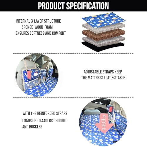 Image of Allextreme CB-S05 Non-Inflatable Car Bed Portable & Foldable Design Polyester Fabric Back Seat Sleeping Mattress & Multi Storage Organizer for Baby Kids Travel Camping Picnic (Blue)