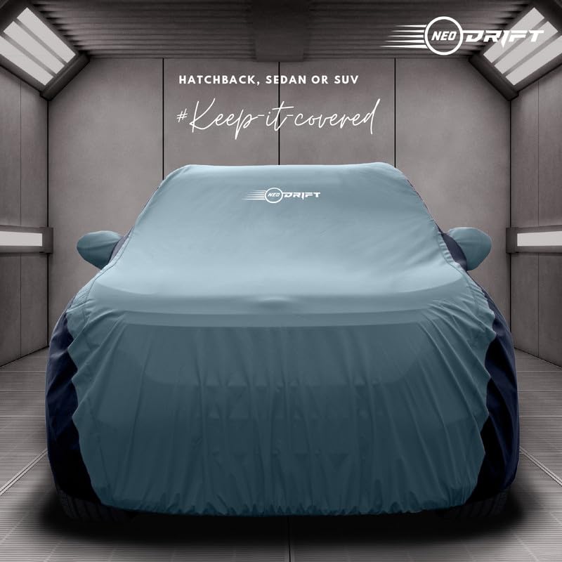 Image of NEODRIFT 'SuperTech' Car Cover for Tata Tiago (Back Long Antenna) (100% Water-Resistant, All Weather Protection, Tailored Fit, Multi-Layered & Breathable Fabric) (Colour: D.Green+Black)