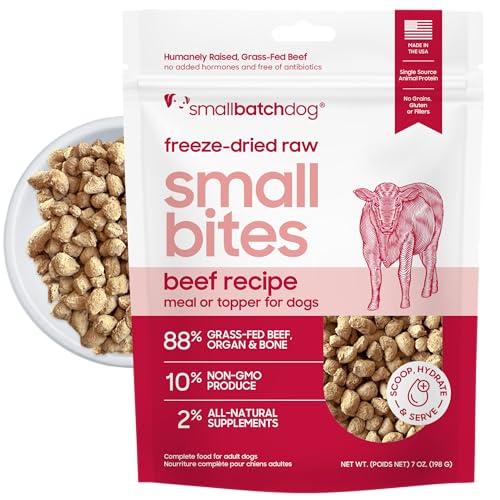 smallbatch Freeze-Dried Beef Dog Food – Grain Free, Organic Produce – Raw Dehydrated Beef Small Bites, High Protein Complete Meal or Topper – Humanely Raised, Made in USA, 7oz