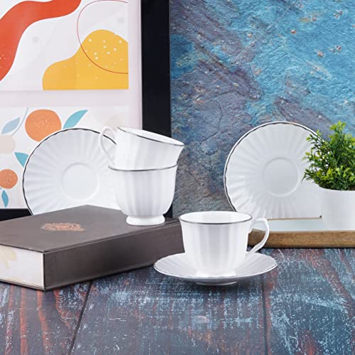 Image of Dandy Lines Cup in Platinum and Saucer Set, Elegant Cups and Saucers for Tea, Eco-Ceramic, Pack of 6, Microwave & Dishwasher Safe, Great for Hosting & Gifting