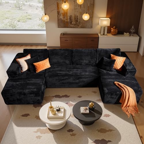 Image of HOOOWOOO Cloud Sectional Couches for Living Room,Modular Sectional Sofa No Assembly,132X62 Inch Plush Corduroy Large U Shaped Floor Couch Set with Deep Seat Double Chaise(Black)