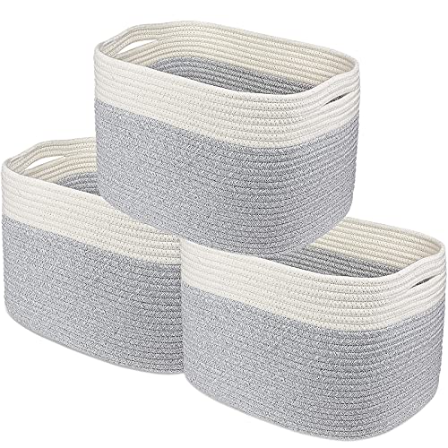 Image of Desihum 3 Pack Cotton Rope Basket for Organizing, Woven Storage Basket with Handle, Decorative Baby Nursery Blanket Baskets Living Room Bin for Kids Clothes, Toys, Books, Fruit, Towel, 15×10×9 inch