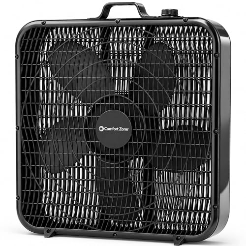 Comfort Zone Box Fan with Carry Handle, 20 inch, 3 Speed Full-Force Air Circulation with Air Conditioner, Floor Fan, Bedroom Fan, Airflow 15.03 ft/sec, Ideal for Home, Bedroom & Office, CZ200ABK