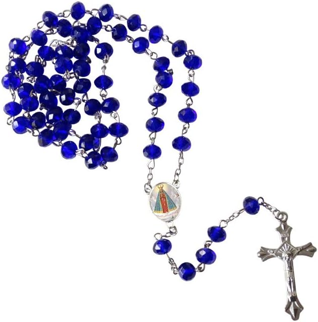 Gifts by Lulee, LLC La Aparecida Our Lady of Aparecida Blue Quartz Crystal Faceted Rondelle 8mm Beads Rosary with Silver Plated Medal Centerpiece and Crucifix Includes a Prayer Card