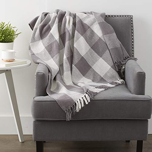 Dii Buffalo Check Collection Rustic Farmhouse Throw Blanket With Tassles, 50X60, Gray/White #TOP3