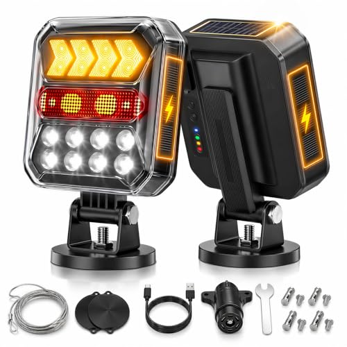 Solar Wireless Trailer Lights - Turn/Brake/Tail/Reverse Modes Magnetic Towing Lights with Reflectors 100FT 2.4GHz USB-C Rechargeable IPX6 Waterproof for Truck Boat RV