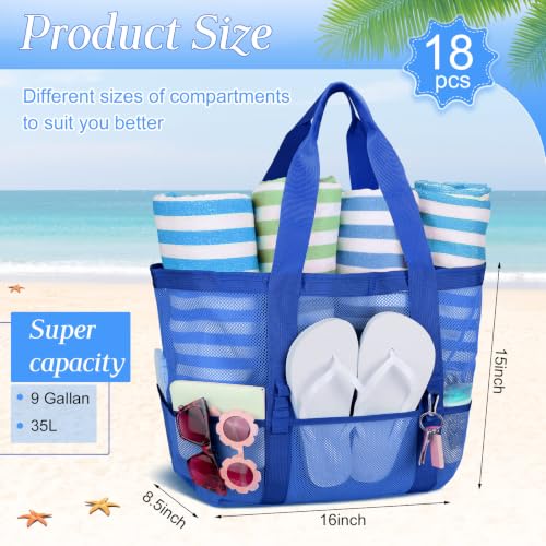Image of Hillban Large Beach Mesh Bags Bulk for Women Beach Tote Bag with 8 Pocket Zipper Waterproof Sandproof for Pool Cruise Ship