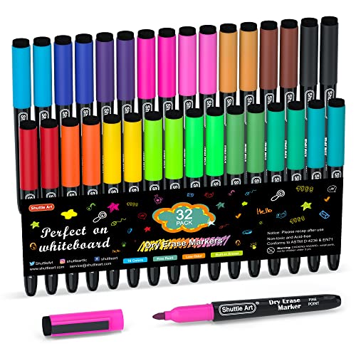 Image of Shuttle Art Dry Erase Markers, 32 Pack 16 Colors Magnetic Whiteboard Markers with Erase, Fine Point Dry Erase Markers Perfect For Writing on Whiteboards,Mirrors for School Office Home
