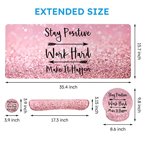 Icasso Desk Mat, Gaming Mouse Pad Wrist Support Set,4In1 Xxl Large Mousepad + Keyboard Wrist Rest+Mouse Wrist Rest+Coaster Set With Ergonomic Design For Home Office Table Computer-Pink Stay Positive #TOP1