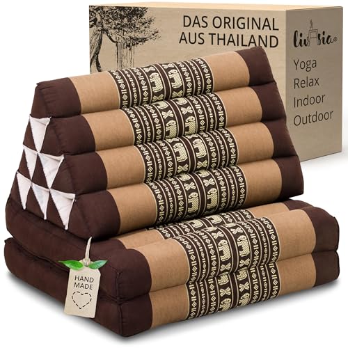 livasia Thaikissen mit 2 Auflagen - 120x50x8cm - Dreieckskissen mit Sitzkissen, Keilkissen mit Kapok, Rückenkissen faltbar, Thaimatte zum Klappen, handgefertigt, Meditationskissen (Braun/Elefanten)