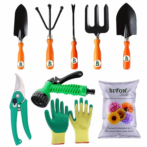 SIVON Gardening Tools Kit-9 Pcs (Fork, Cultivator, Big Trowel, Small Trowel, Weeder, Garden Pruner, Gardening Gloves Green, Water Spray Gun, Flower Seeds Packet) | Durable Gardening Tools