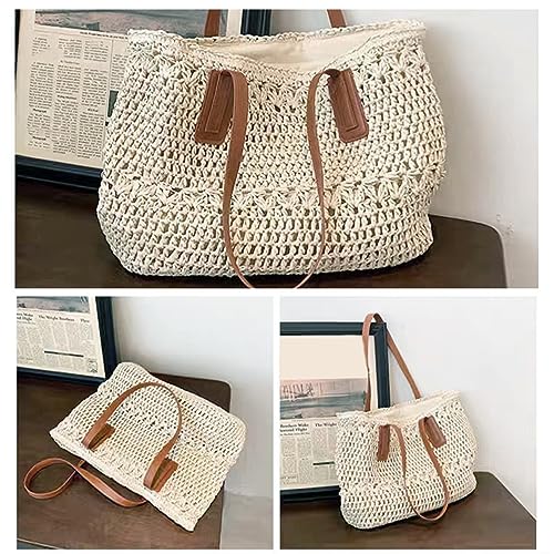 Bolso de paja para playa para mujer, bolso tote grande para vacaciones, bolso tejido con asa para hombro, color beige miniatura 6