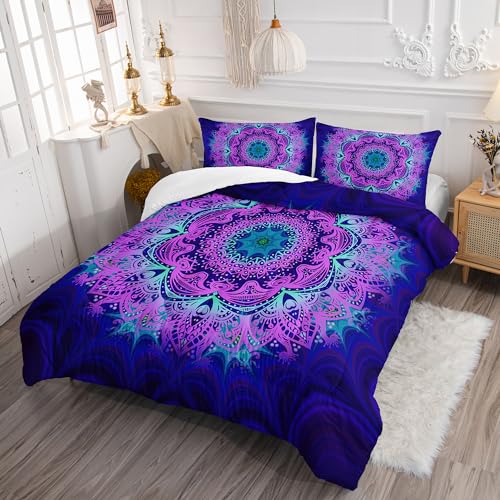 Image of AILONEN Bohemian Mandala Pattern Comforter Set Queen Size, Vintage Pattern Bedding Set for Kids Girls Boys,Purple Bed in a Bag,3 Pieces, 1 Quilt and 2 Pillowcases
