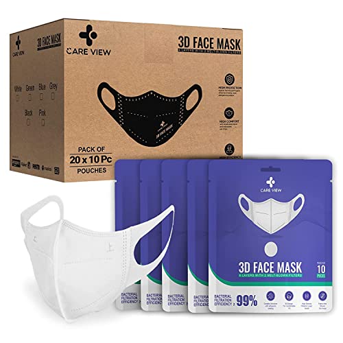Image of Careview N95 3 Dimensional Disposable Face Mask Pouch with 4 Layered Filtration, SITRA and BIS(ISI) certified & Incredibly Soft Spandex Non Woven Fabric Ear loop (WHITE, PACK OF 200), Free Size