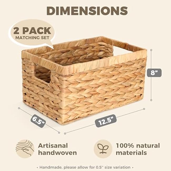 Set of 2 Wicker Shelf Storage Baskets for Organizing - Natural Durable Water Hyacinth Woven Basket Pantry Bin Organizers for Shelves with Handles for Home & Decor Organization, 12.5¡± x 8¡± x 6.5¡±