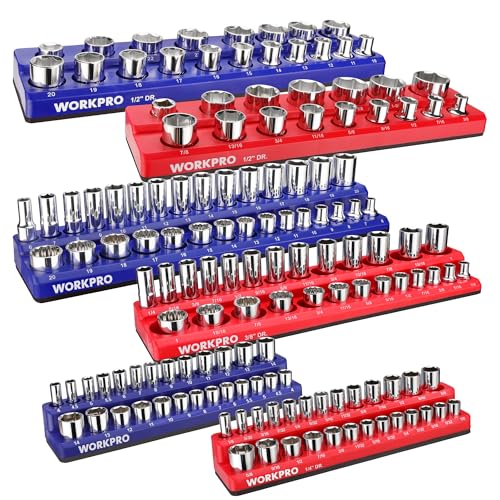 WORKPRO Magnetic Socket Organizer Set, 6-Piece Socket Holder Set Includes 1/4", 3/8", 1/2" Drive Metric SAE Socket Trays, Holds 143 Pieces Sockets, Christmas Gift for Men(Socket not Included