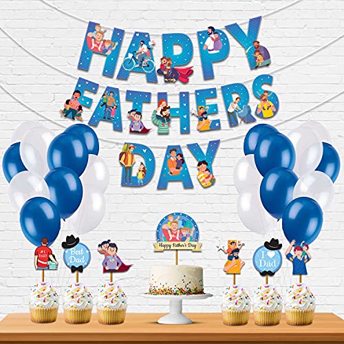 Image of Festiko Father's Day /Super Dad Birthday Party Decorations Items for Surprise (All in One Surprise Banner,Balloons,Balloons,Cake Toppers,Cup Cake Topper,Ribbons)- 28 Pcs
