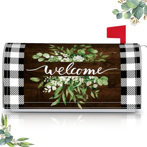 Image of Tiamon Mailbox Covers Magnetic Welcome Letter Box Wrap Standard Size 21x18 Inch Spring Leaves Mailbox Decor Summer Post Box Decoration for Outdoor Garden Yard(Checked)