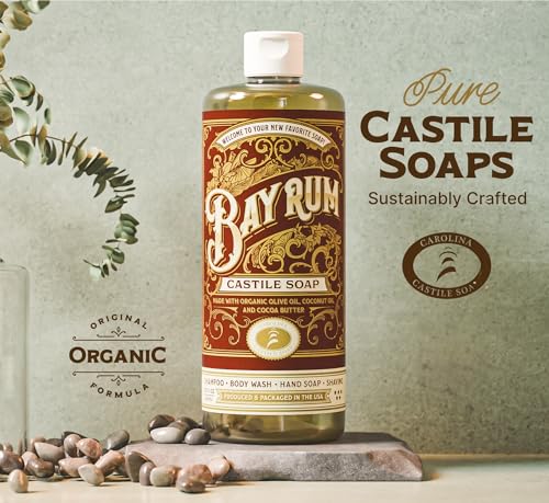Image of Carolina Castile Soap Bay Rum Scent - Certified Organic Base, High Olive Oil Content, Non-Drying, Made with Organic Oils, Concentrated Natural Body Wash for Men and Women (Bay Rum, 32 Fl Oz)