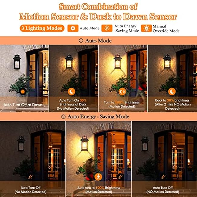 2 Packs Motion Sensor Outdoor Wall Lantern, Dusk to Dawn Outdoor Lighting, Black Porch Lights Fixture & Outside Wall Mount with Rippled Glass, Exterior Sconce Light for Front Patio Garage Entryway