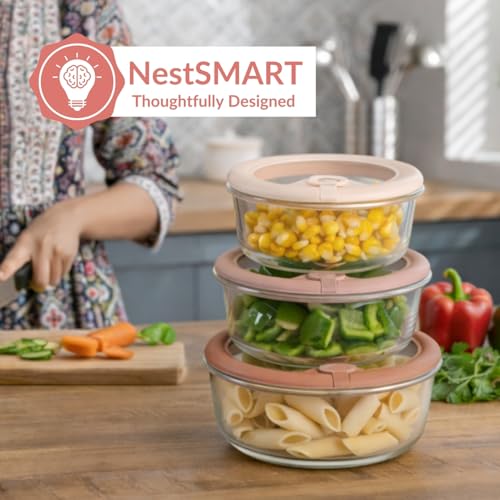 Image of Nestasia Vento Glass Containers with Lid Set of 3 (400ml, 620ml, 950ml) - Round Containers with Air Vent Lid for Kitchen Storage | Microwave, Dishwasher & Refrigerator Safe (Beige Ombre)