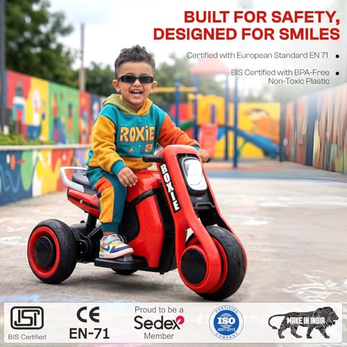 Image of Toyzone Roxie Kids Electric Bike (Red) | Rechargeable Bike with 6V 4.5Ah Battery | MP3 /USB /BT Music & LED Lights| Smooth Acceleration | 6 Months Battery warranty, For Kids Age 2 to 8 Years, Upto 35 kg