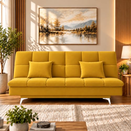 Image of Adorn India Premium New Aspen 3 Seater Sofa Cum Bed 4X6 Velvet Suede with 2 Cushions (Color Yellow) and Suitable for All Indoor, with 3 Years Warranty