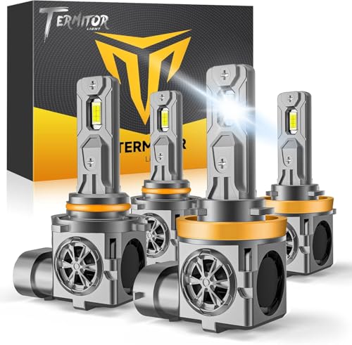 Termitor Upgraded H11 9005 Light Bulbs Combo, 100,000LM 1200% Super Bright H9 H8 Bulbs, 80000+Hrs Long Life, 1:1 Halogen Fit Plug-N-Play H9 H8 HB3 Lights Kit, 6500K White, Pack of 4