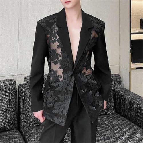 Men Transparent Mesh Blazer Patchwork Lace Lapel One Button Casual Street Coat2